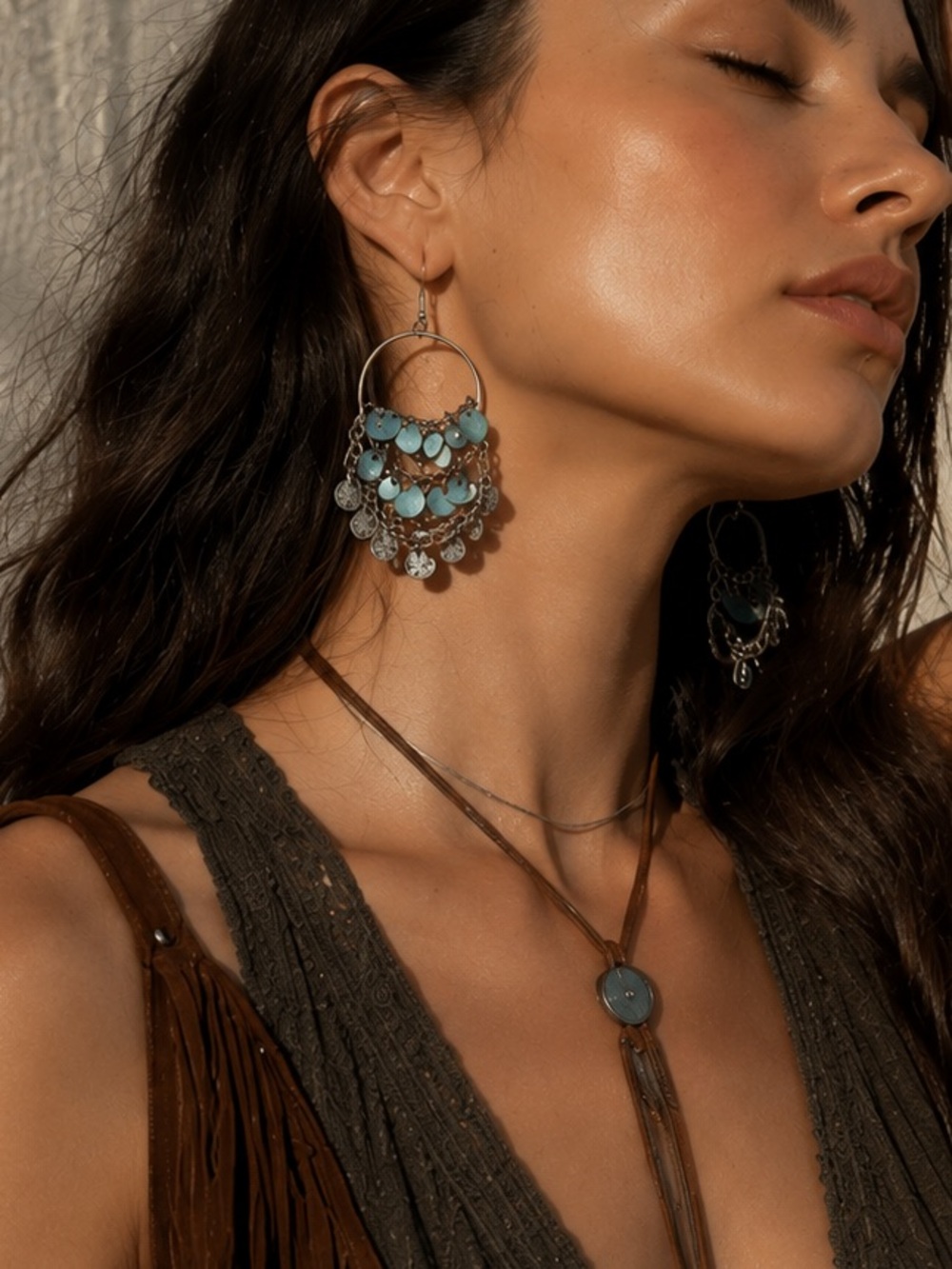 Vintage Bohemian Turquoise Shell Dangle Hoop Earrings - Women's Jewelry